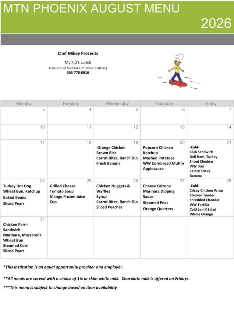 August Hot Lunch Menu. Log into My Kid's Lunch for more details.