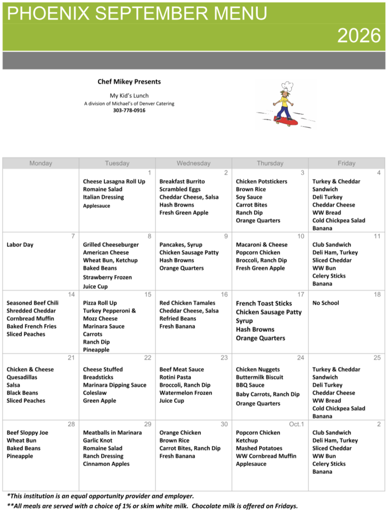 the full menu can be found at https://michaels.h1.hotlunchonline.net/