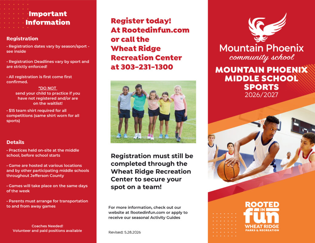 MPCS Upper School Sports through Wheat Ridge Parks and Recs. Downloadable PDF available on website.